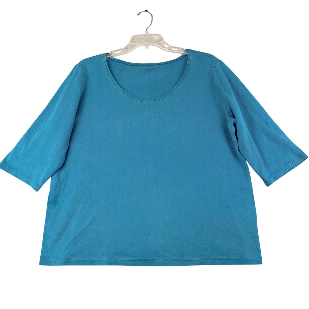 Eileen Fisher L Teal Organic Cotton Scoop Neck 1/2 Sleeve Top Minimalist Knit